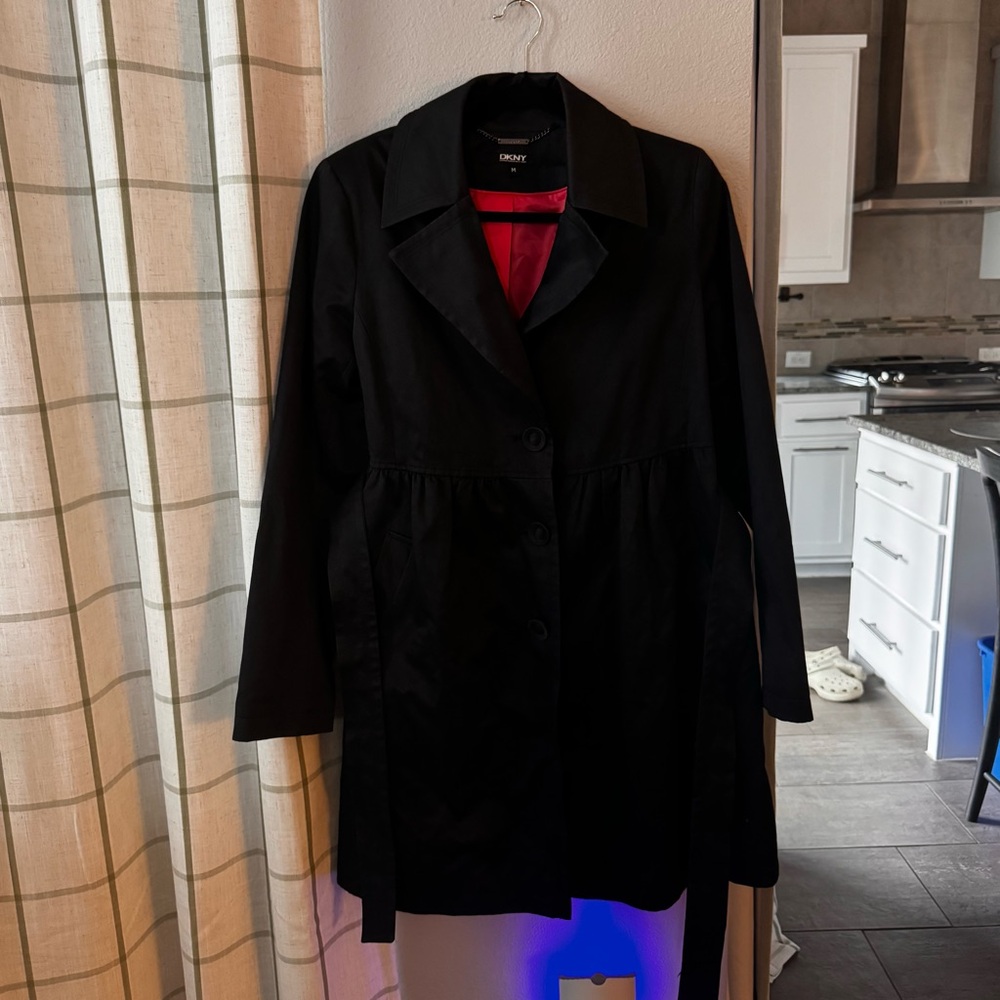 DKNY Black Trench Coat with Red Lining